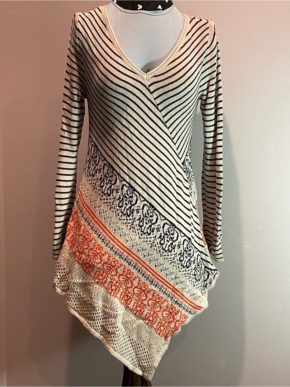 Belldini Cream, Black & Orange Striped V-Neck Tunic